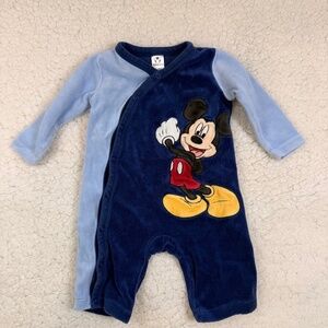 Disney Store Mickey Mouse Blue Colorblock Velour Footie Jumpsuit Sleeper 0-3M